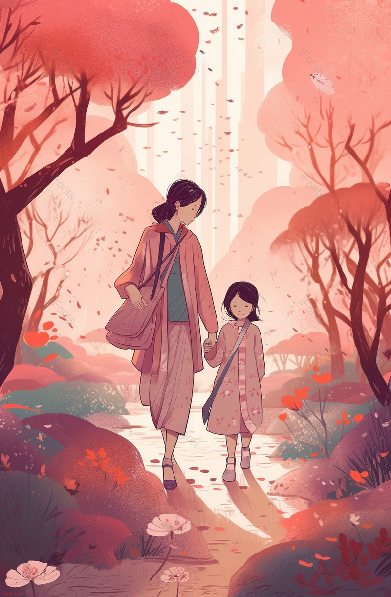 树林母女撑伞走路卡通手绘场景,插画/手绘图,插画/手绘图库,插画/手绘图下载,插画/手绘